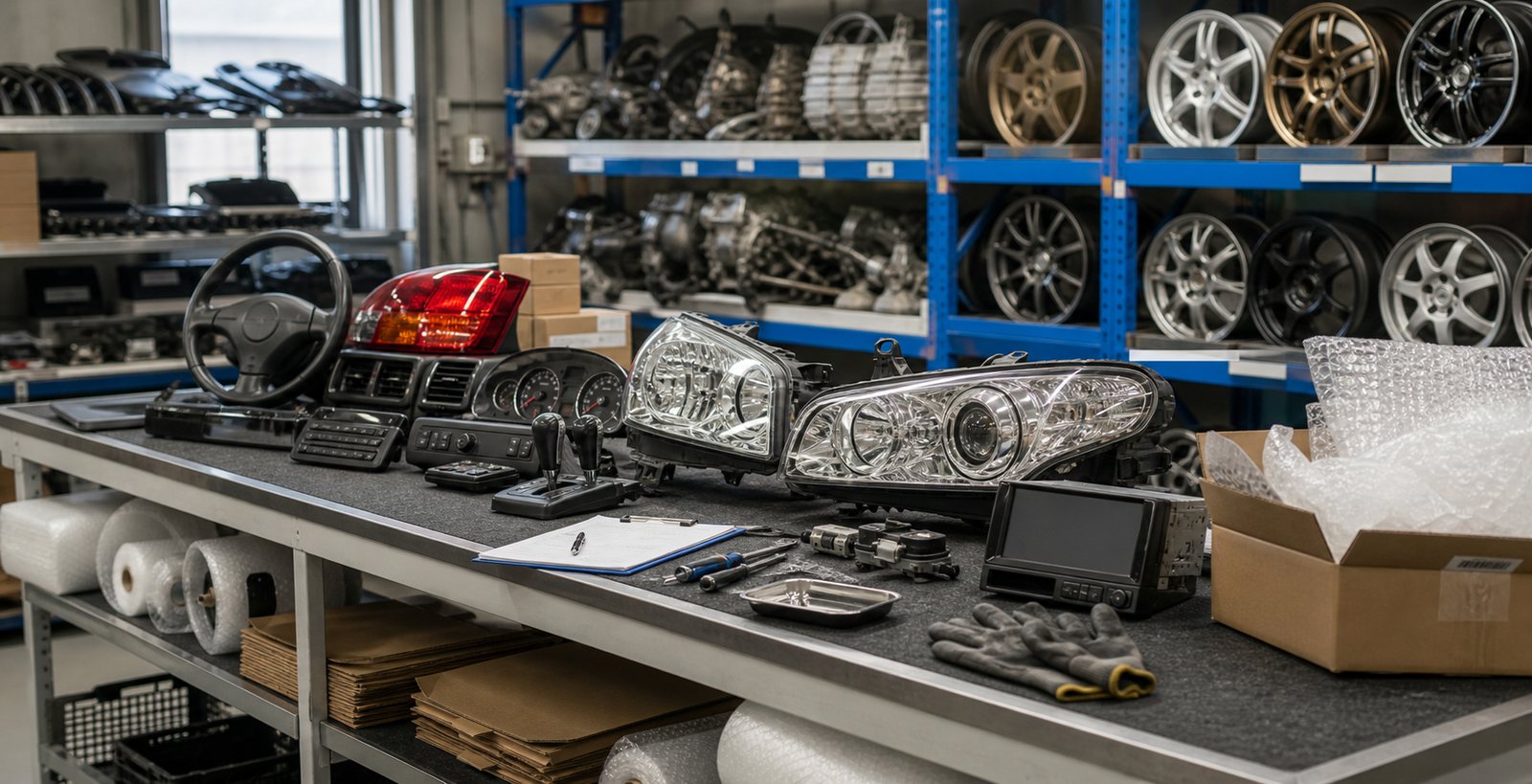 Clean JDM parts inspection bench with used auto parts and packing materials