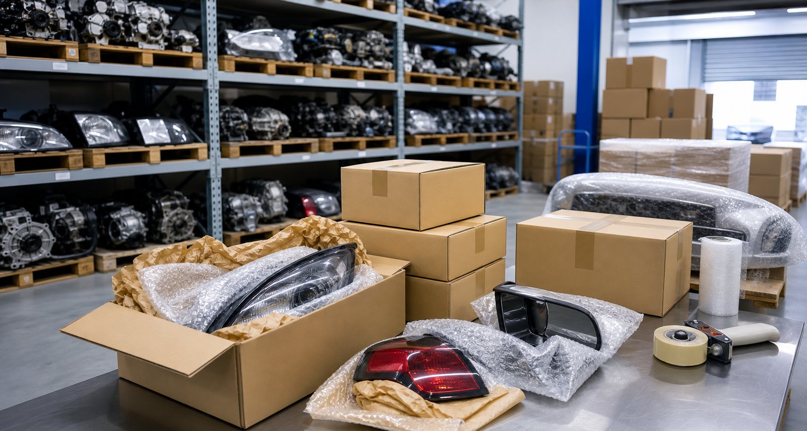 Packed used JDM auto parts prepared for worldwide shipping