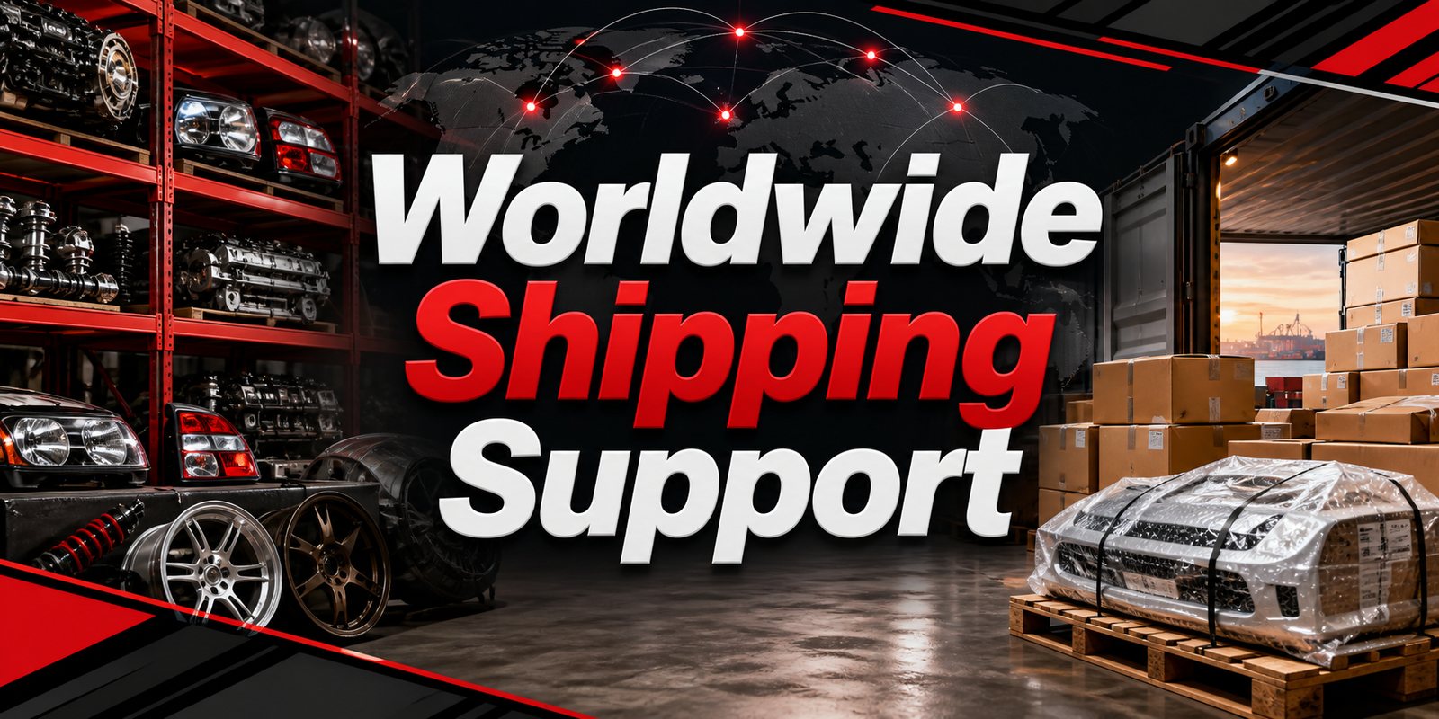 Worldwide Shipping Support banner for JDM parts export